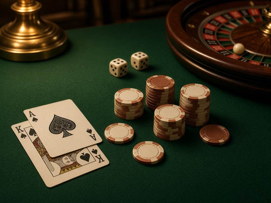 Cartes, jetons et une roue de roulette préparés pour les jeux de table
